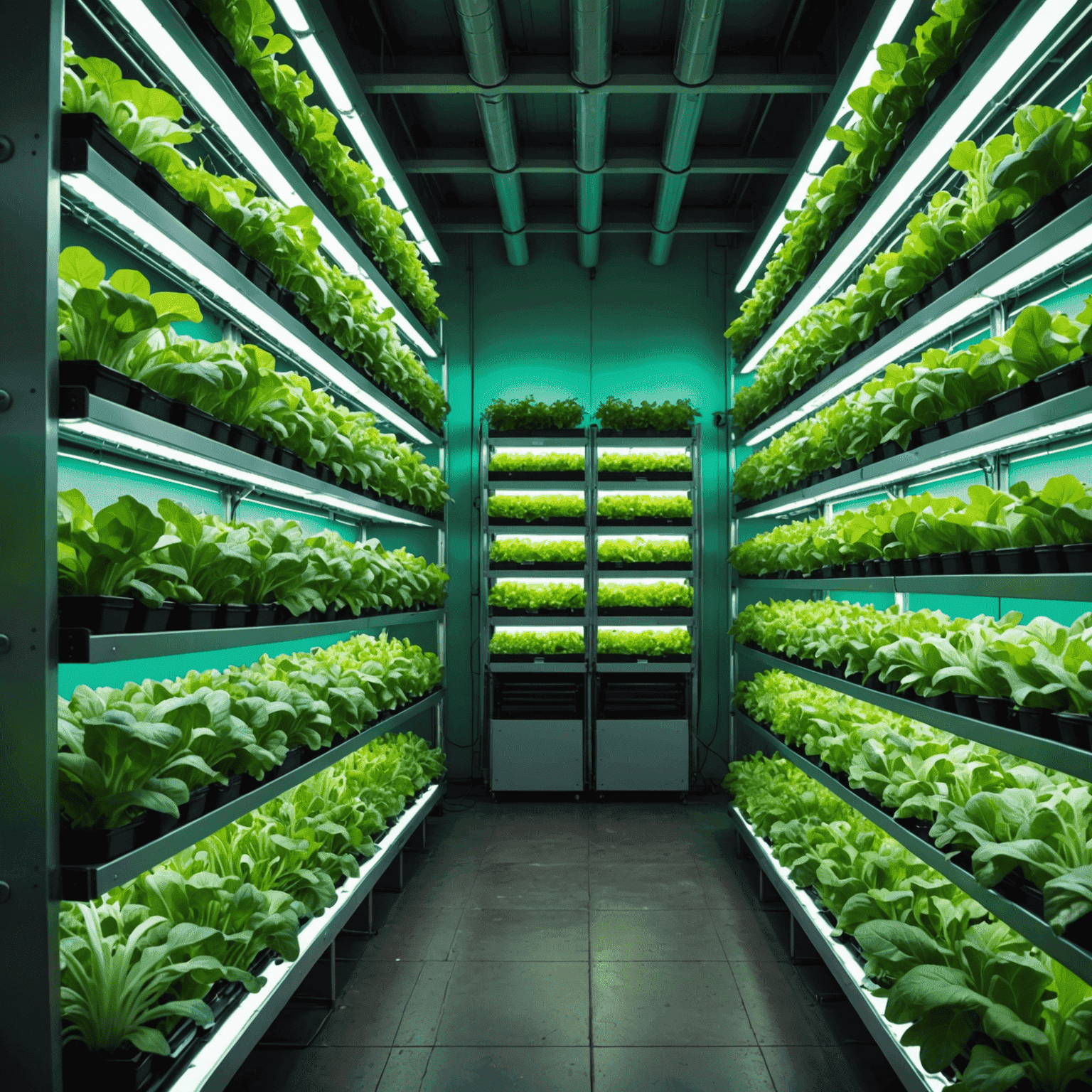 Modern vertical farming system with rows of leafy greens under LED lights, showcasing efficient use of space and advanced technology in agriculture