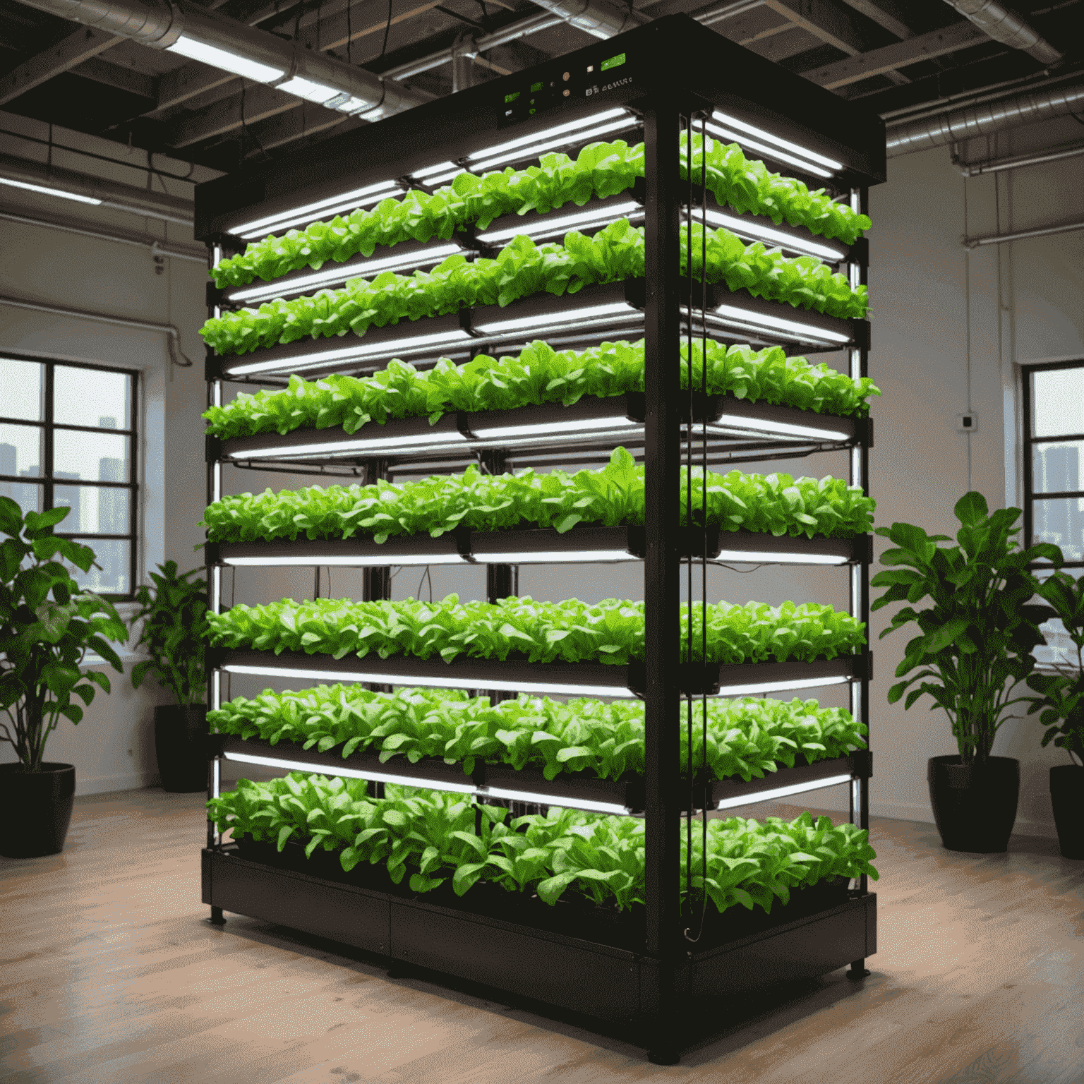Advanced vertical farming system with multiple layers of crops growing in a controlled urban environment. The system features LED grow lights, automated irrigation, and climate control sensors.