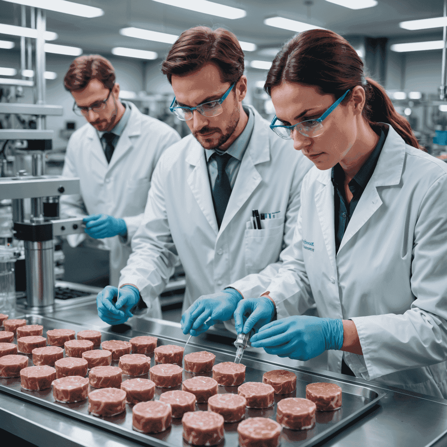 Lab scientists examining cultured meat samples in a high-tech laboratory setting, with bioreactors and advanced equipment visible in the background