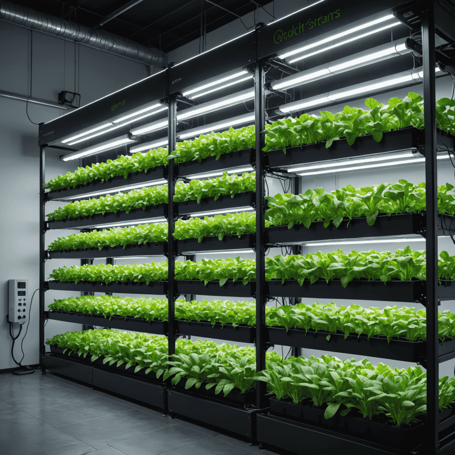 Advanced vertical farming system with multiple layers of crops growing under LED lights in a controlled environment. The system showcases hydroponic and aeroponic setups with automated climate control and nutrient delivery systems.