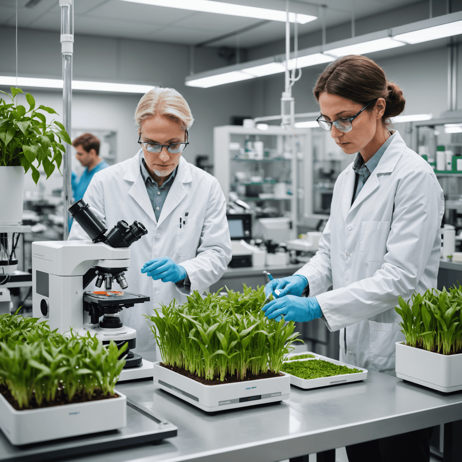 Scientists in a lab working on plant-based protein development, examining various plant samples and using advanced equipment