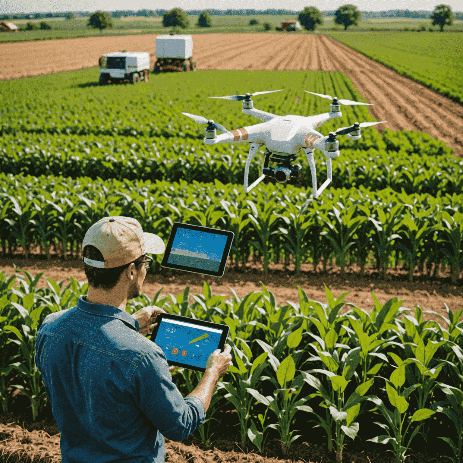 A modern farm with IoT sensors in the field, drones flying overhead, and a farmer using a tablet to monitor crop data