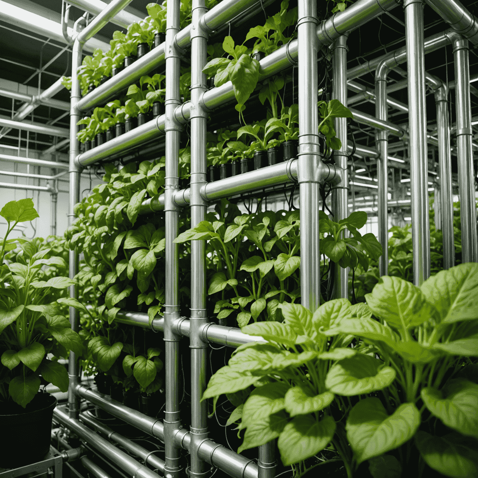 Close-up of the hydroponic system showing the intricate network of pipes, pumps, and sensors. Lush green leafy vegetables are growing in vertical columns with precise water droplets visible on their leaves.