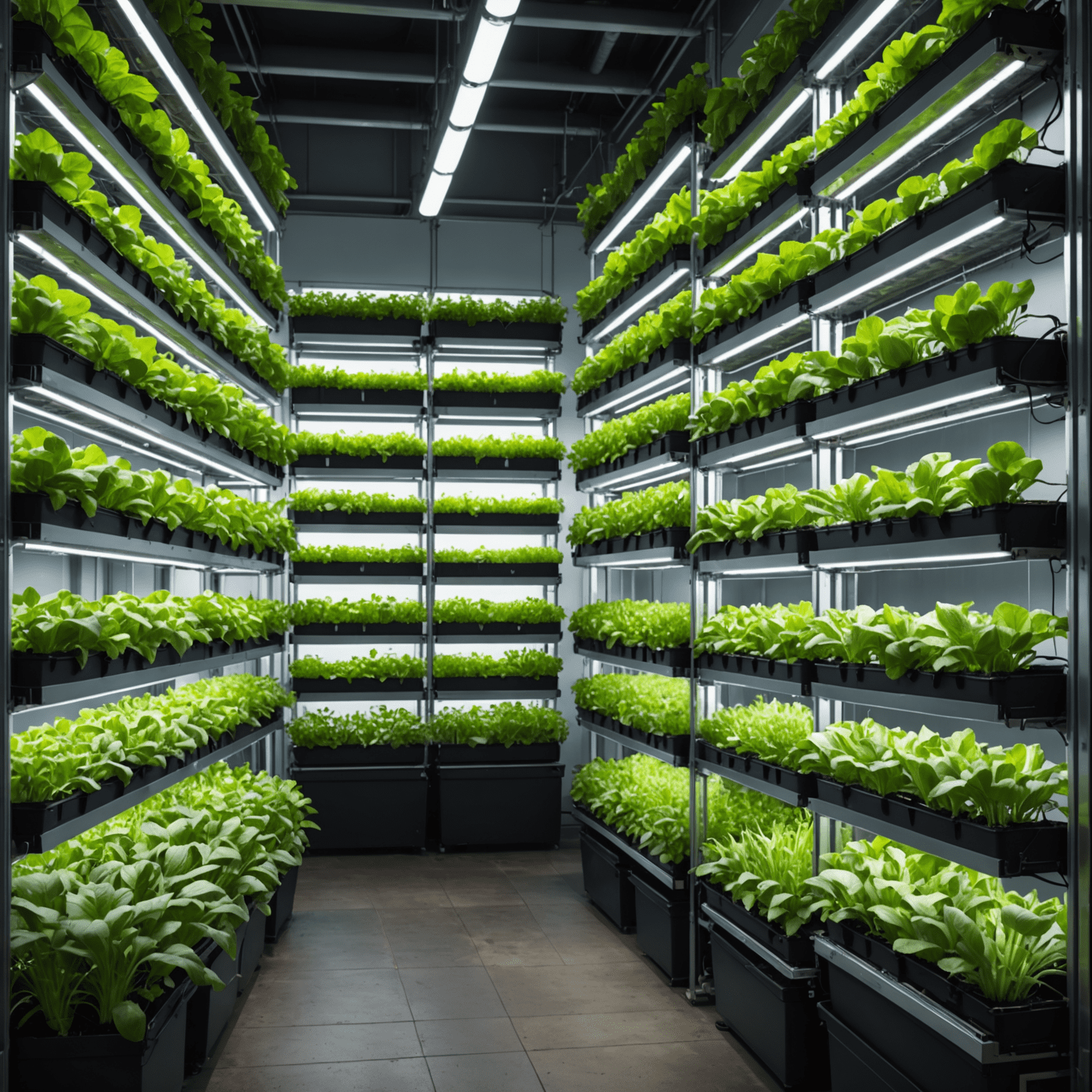 Modern vertical farming setup with multiple layers of crops, LED lighting, and automated watering systems in an urban environment