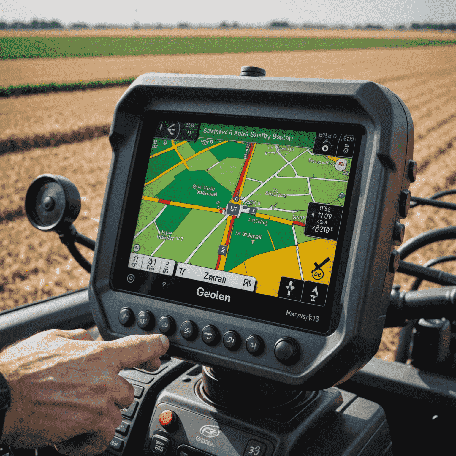Close-up of a GPS-guided tractor display showing real-time field mapping and navigation data