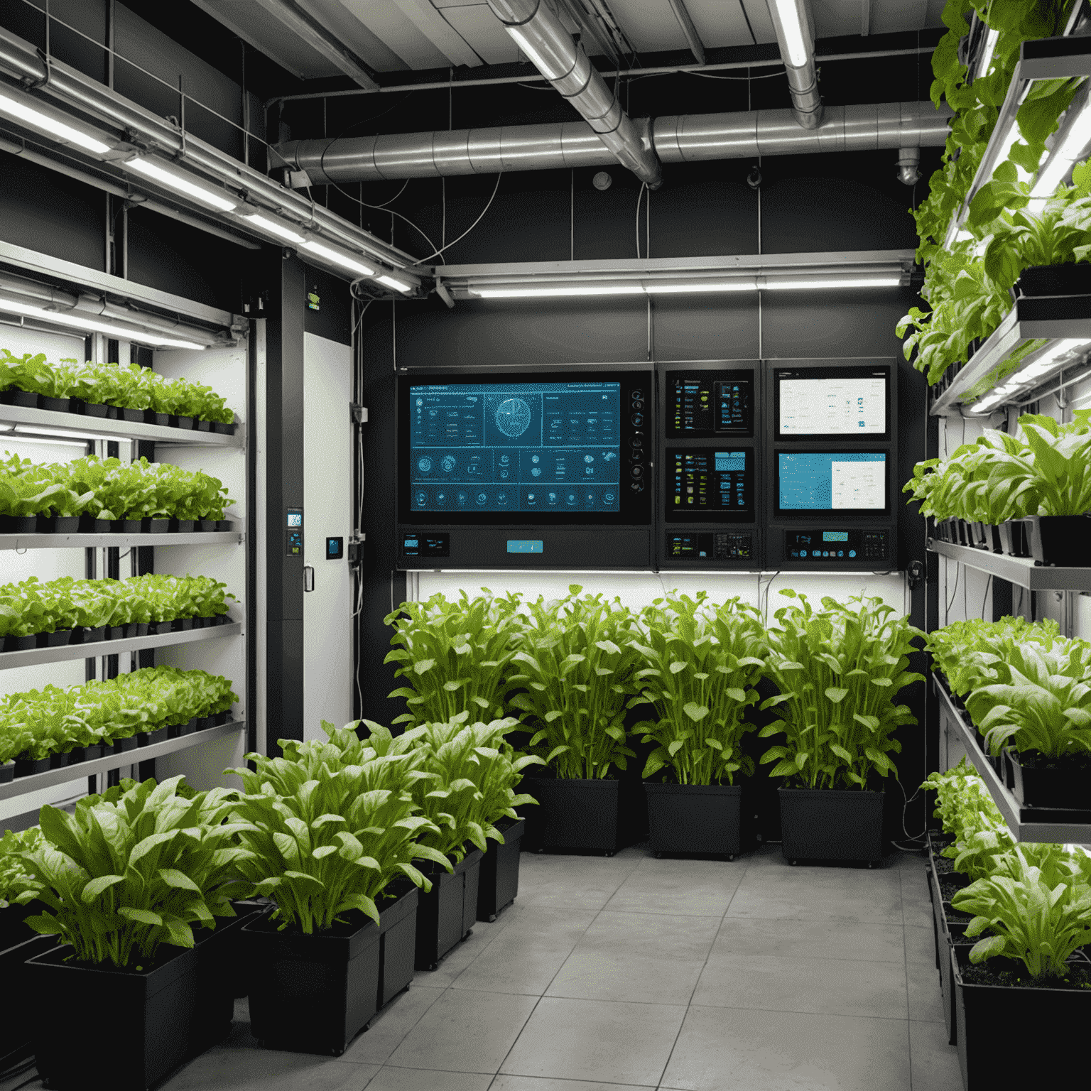 Automated climate control system for vertical farms, showing touchscreen interfaces, sensors, and a visual representation of real-time data monitoring temperature, humidity, and nutrient levels across multiple growing zones.