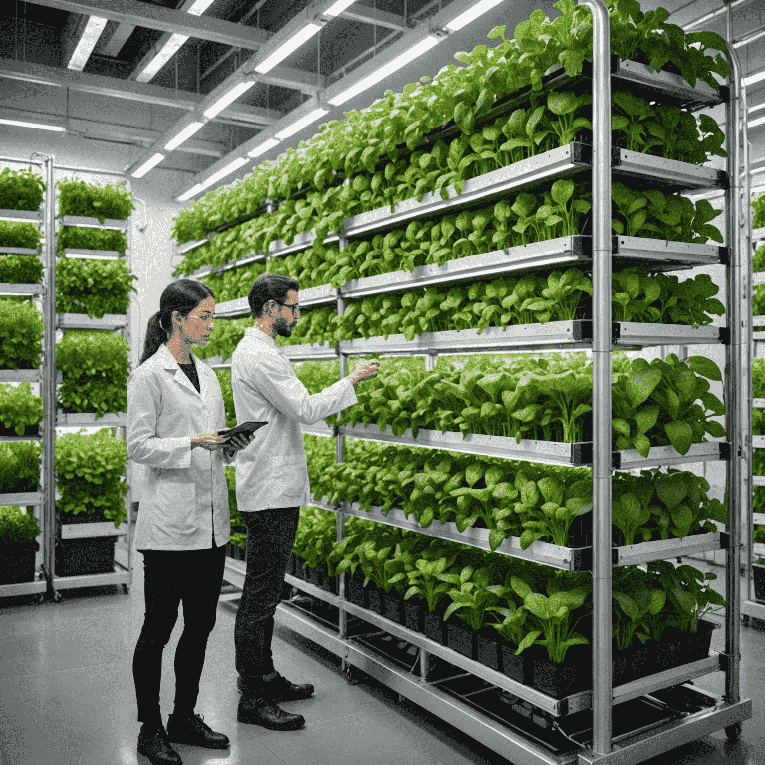 A modern vertical farming system growing various plants used in plant-based protein production, with researchers examining the crops