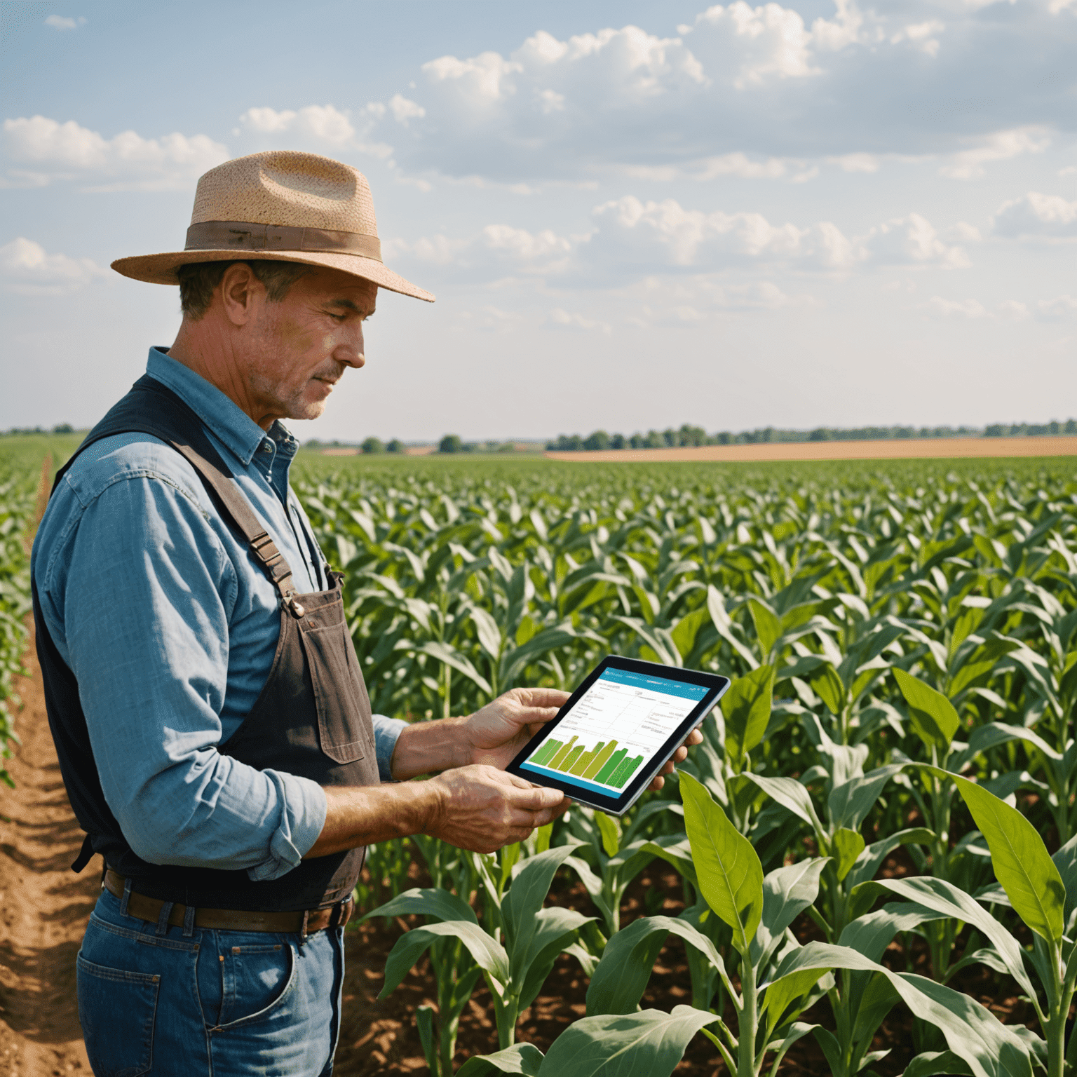 Farmer using a tablet to monitor real-time supply chain data in a field of crops