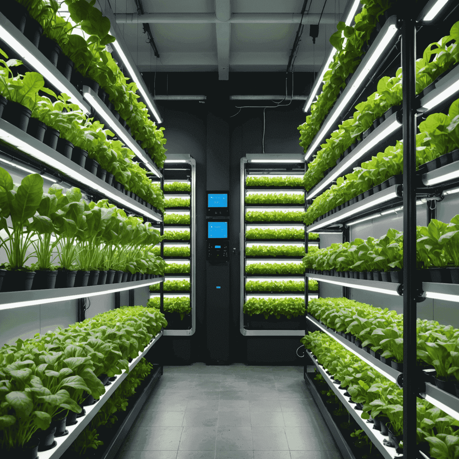 A vertical farming system with AI-controlled LED lights and automated irrigation, showcasing the future of sustainable agriculture