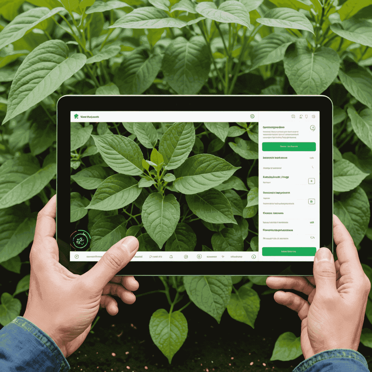 A tablet displaying an AI interface analyzing crop images for pest detection. The screen shows various plant leaves with highlighted areas indicating potential disease or pest presence, demonstrating the accuracy of the machine learning algorithm.