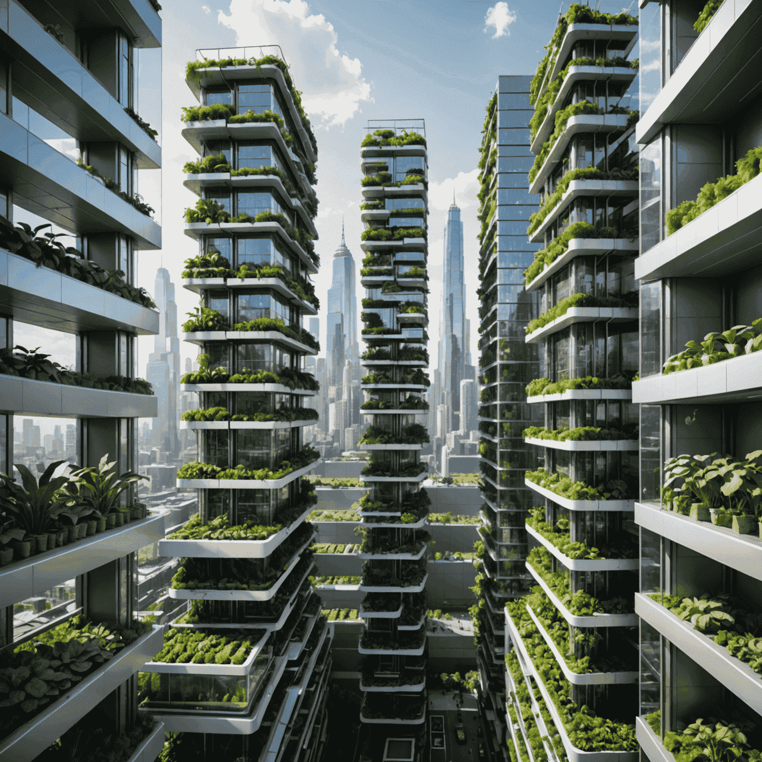 A futuristic cityscape featuring multiple high-rise buildings with integrated vertical farms. The farms are visible through glass walls, showing a variety of crops growing on different levels of the buildings.