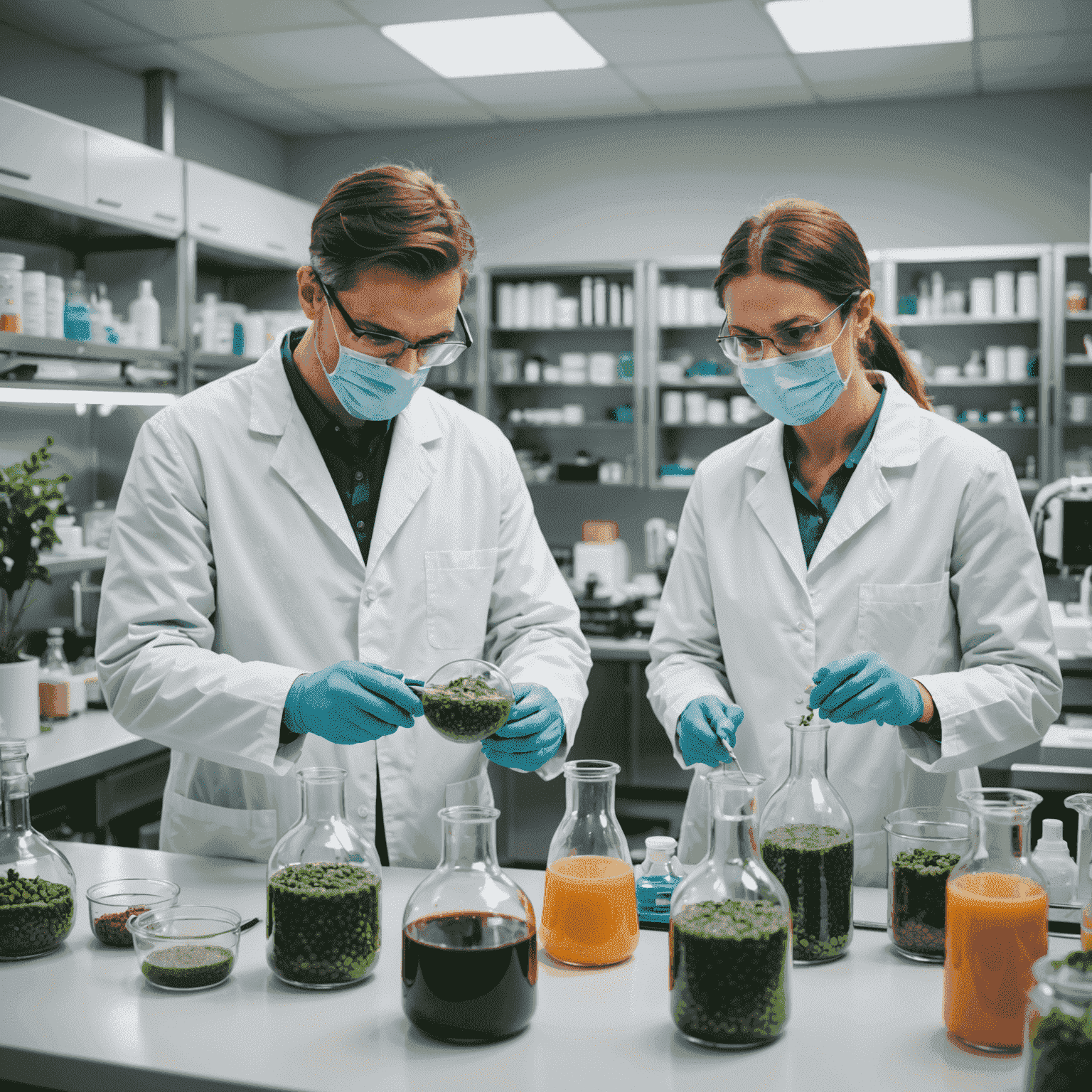 Scientists in a modern lab working on plant-based protein development, with various ingredients and testing equipment visible