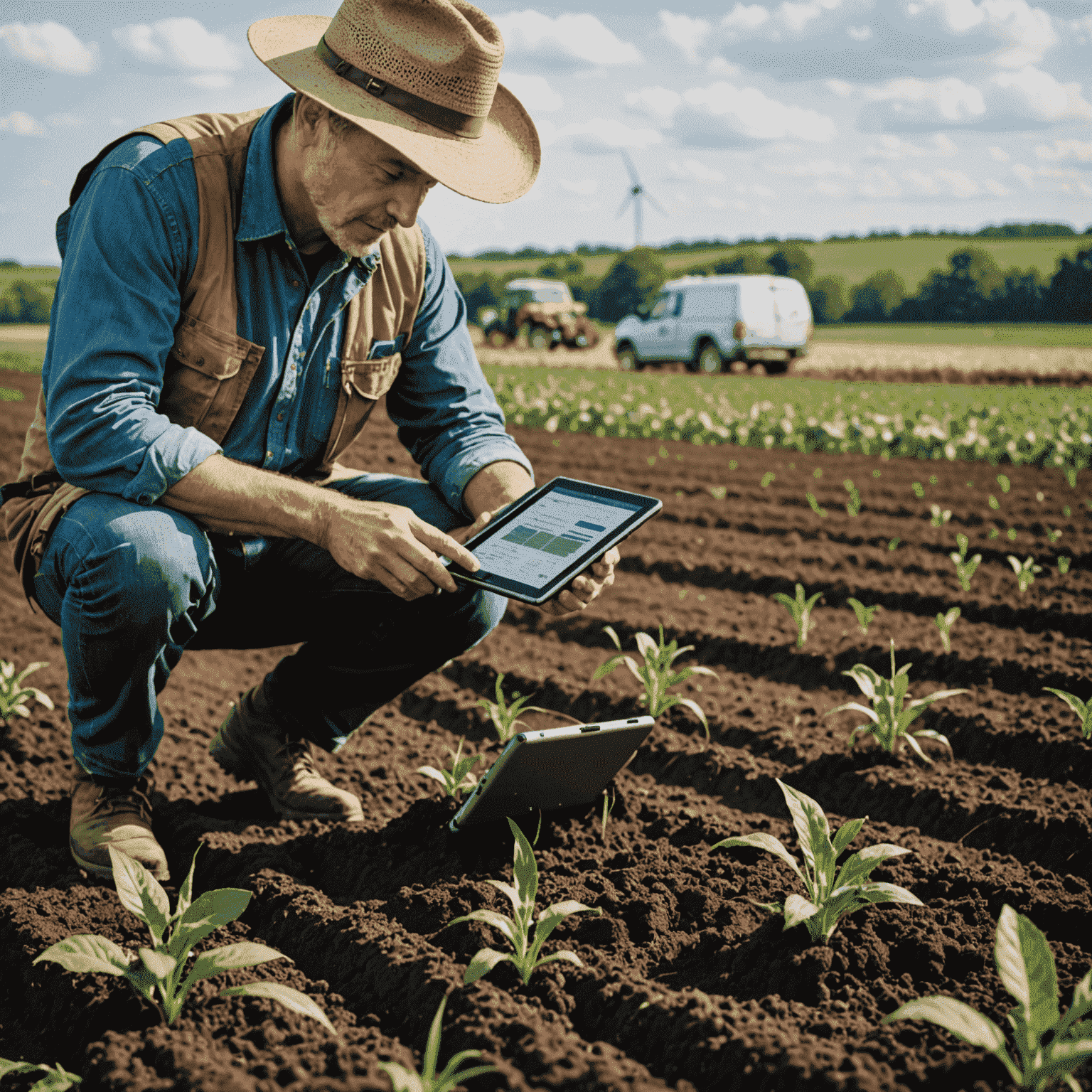 Array of soil sensors being installed in a field, with a farmer using a tablet to monitor real-time soil data