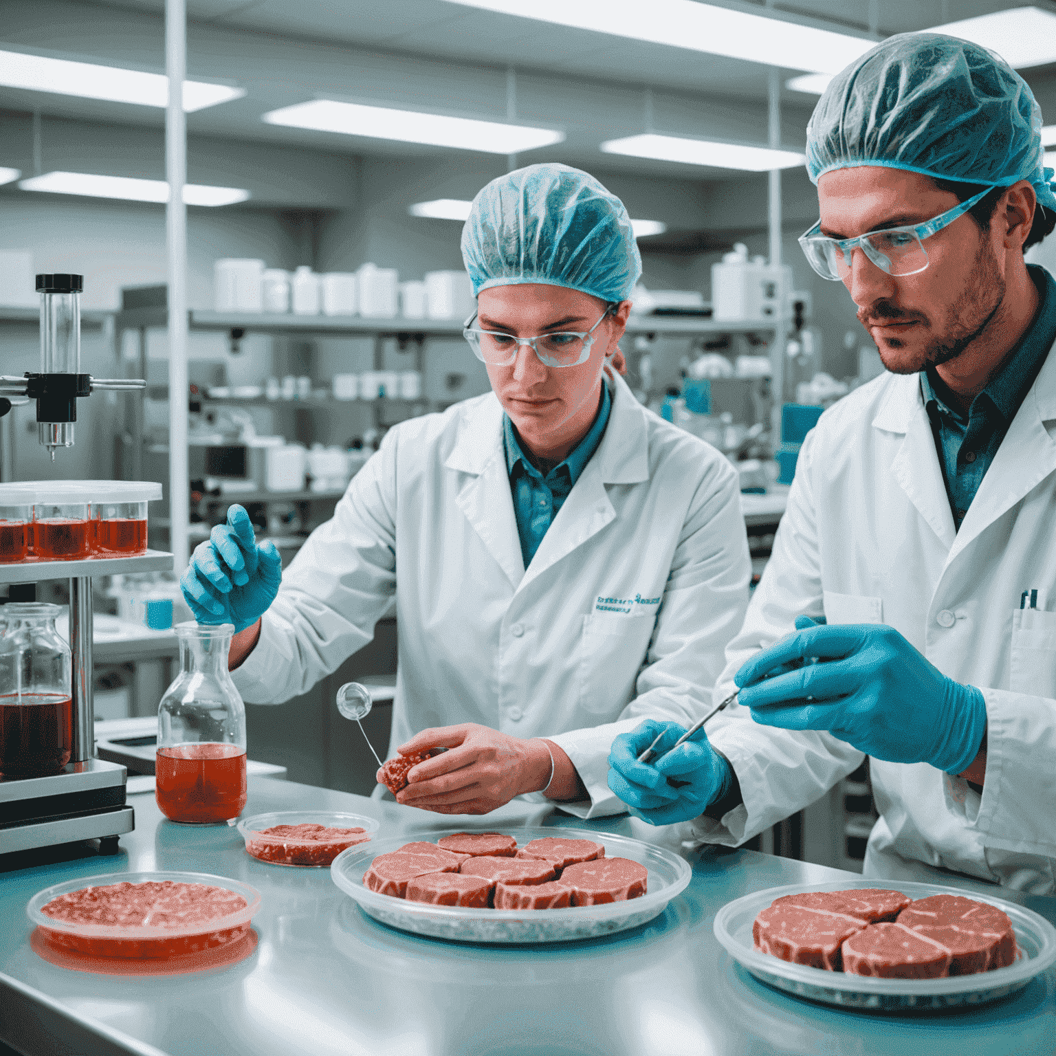 A laboratory setting with scientists working on cultivated meat production. The image shows petri dishes with growing cell cultures, advanced bioreactors, and a sample of the final lab-grown meat product, illustrating the innovative sustainable protein technology.