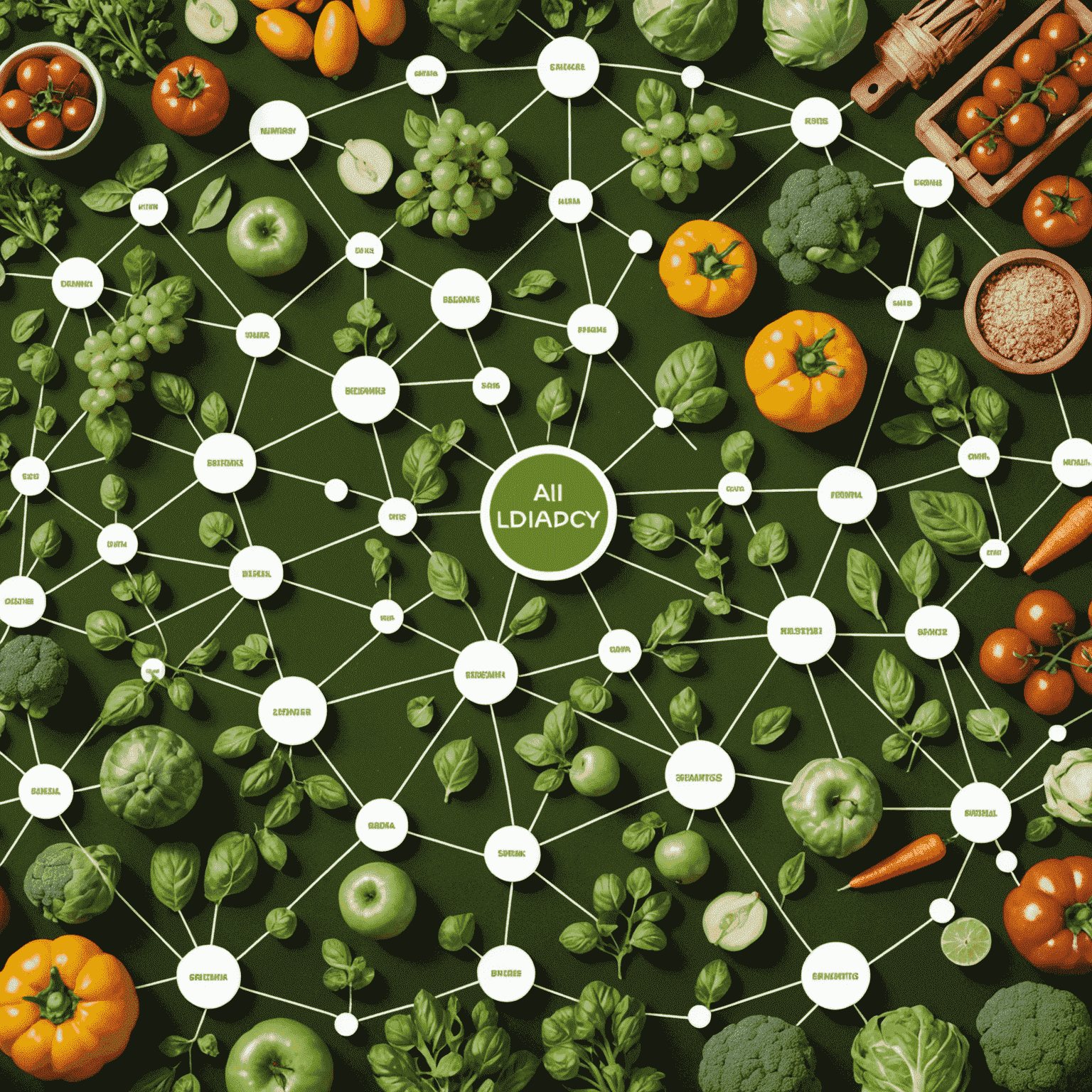 Digital representation of a food supply chain with AI-powered analytics, showing interconnected nodes from farm to table
