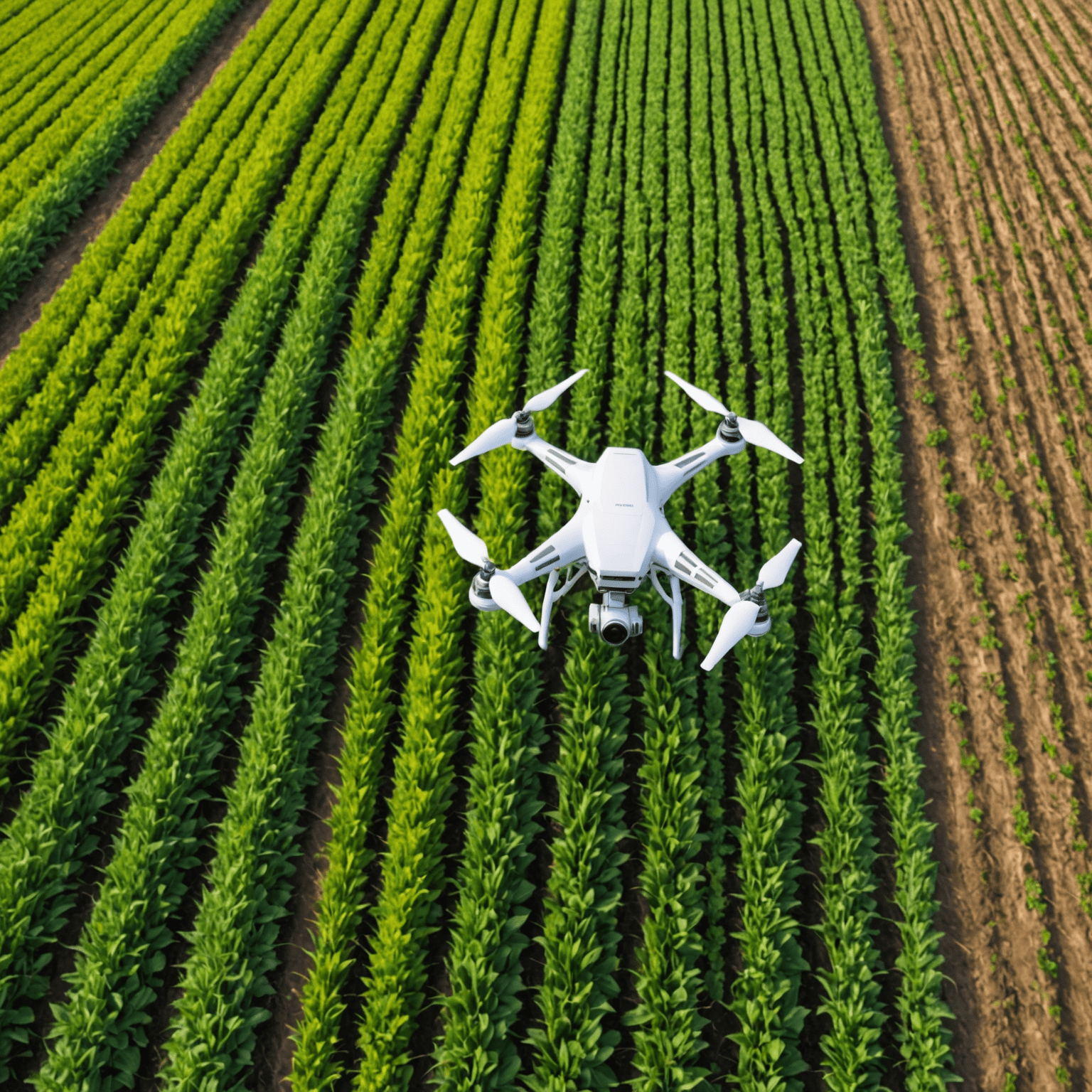 Drone flying over a diverse crop field, capturing multispectral images for crop health analysis