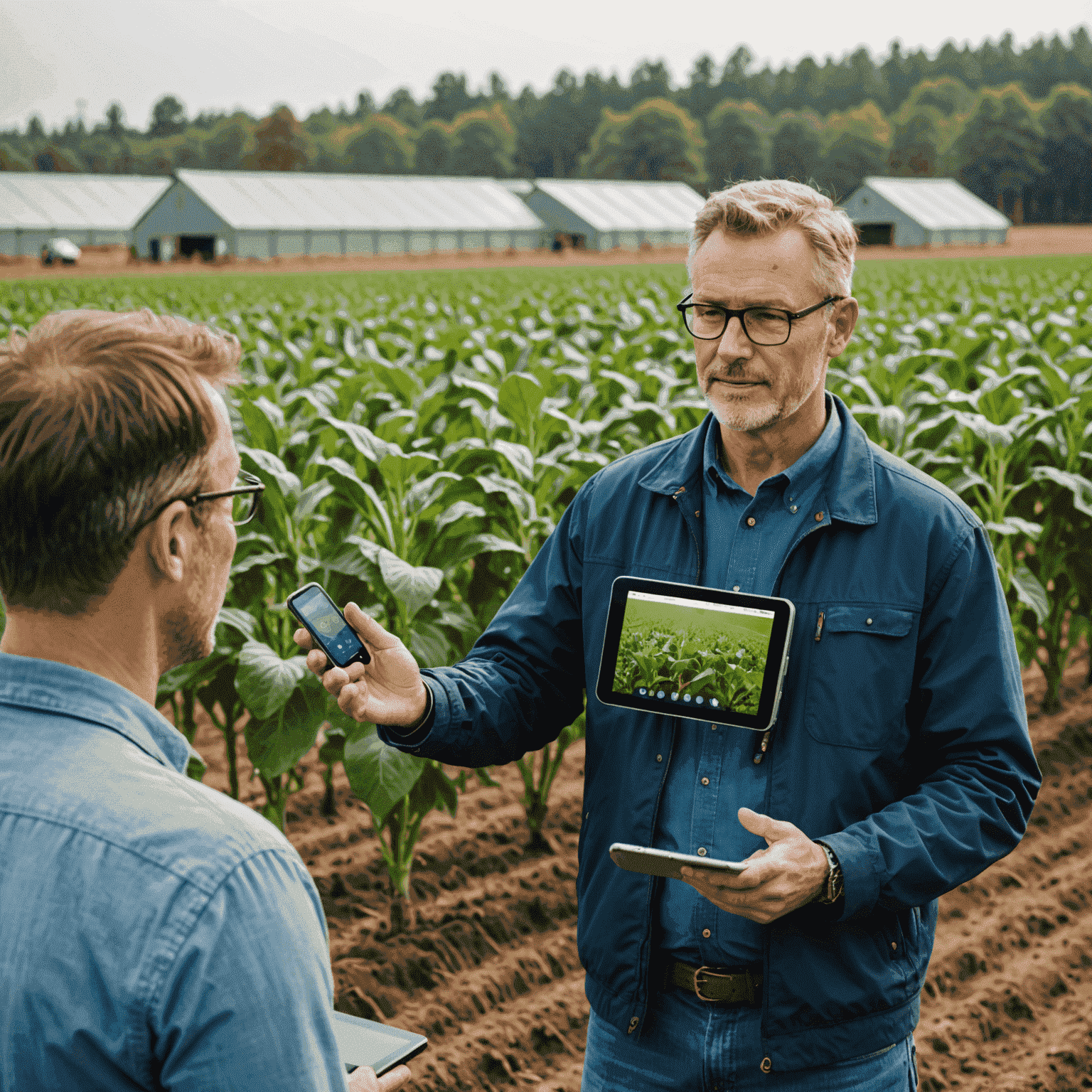 AgriTech consultant explaining smart farming technologies to farmers, with IoT devices and a digital farm management system visible